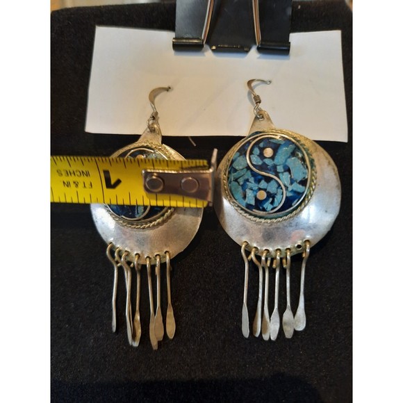 Vintage Mexico, Silver Yin Yang Turquoise Dangle Pierced Earrings - Picture 5 of 5